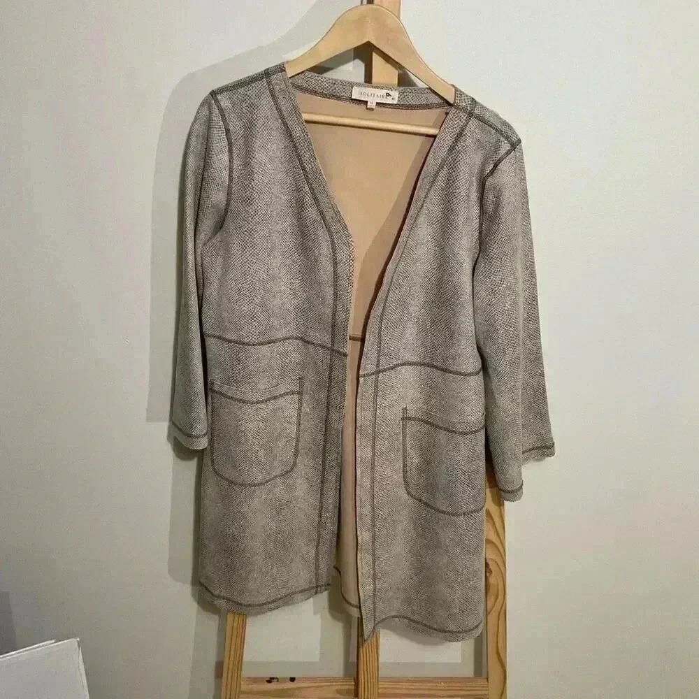 Solitaire faux suede snake skin pattern, kimono style duster, open cardigan, wom